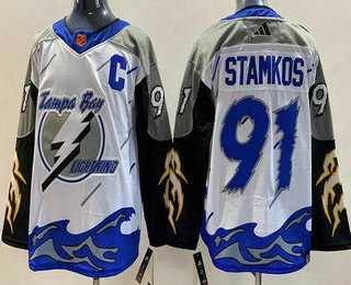 Men%27s Tampa Bay Lightning #91 Steven Stamkos White 2022 Reverse Retro Authentic Jersey
